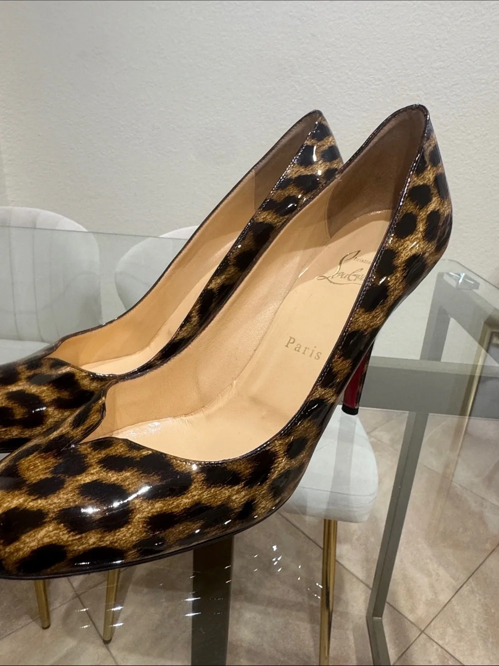 Christian Louboutin Leopard Patent Leather Pointed Toe Pumps - Brown/Black